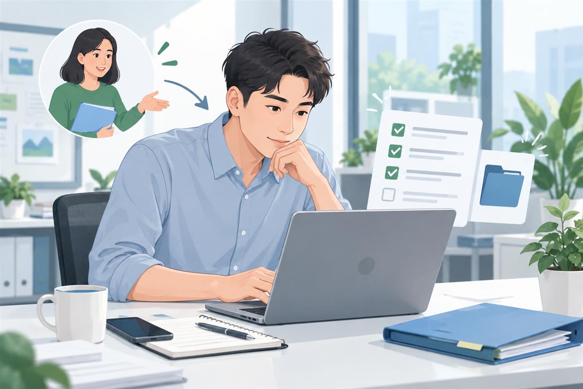 接手人核对交接清单和文件的场景示意图