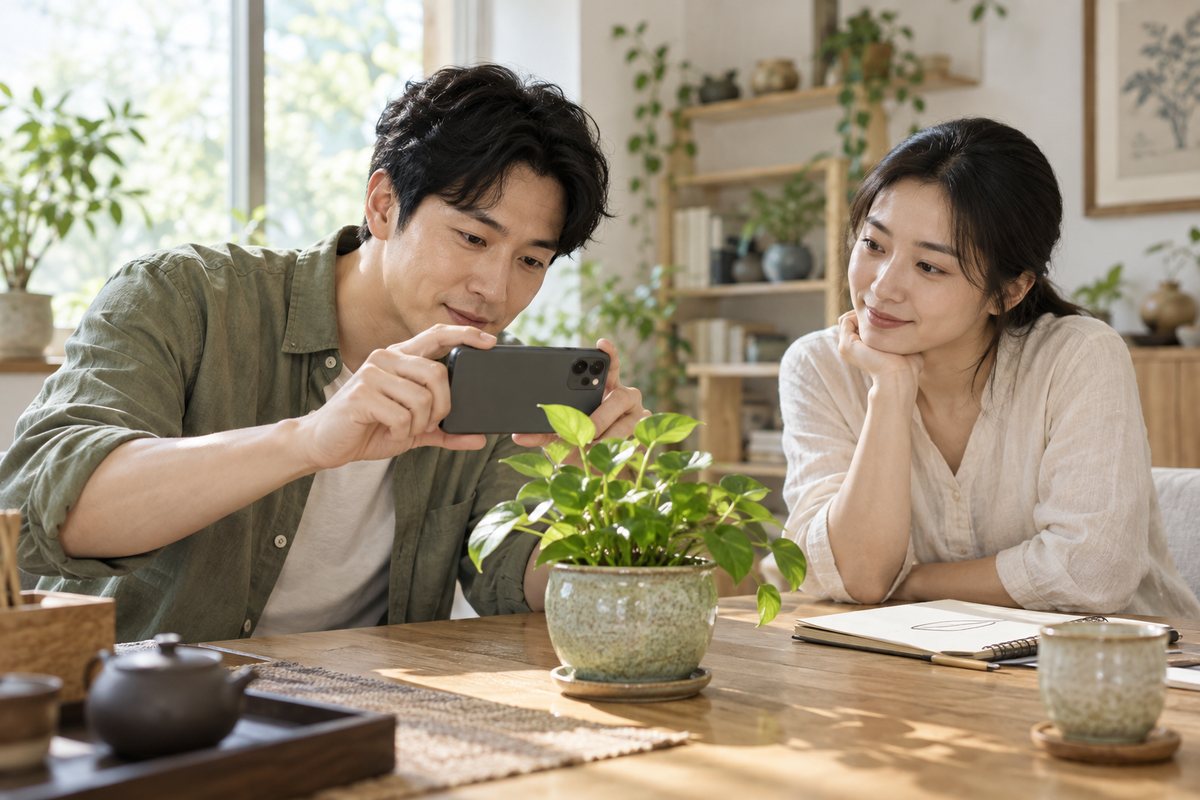 成员围绕一盆绿植进行范围明确的手机拍摄练习